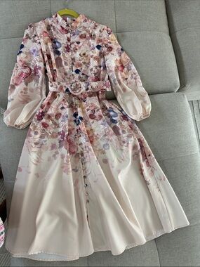 Floral Belted Midi Dress in Blush Pink